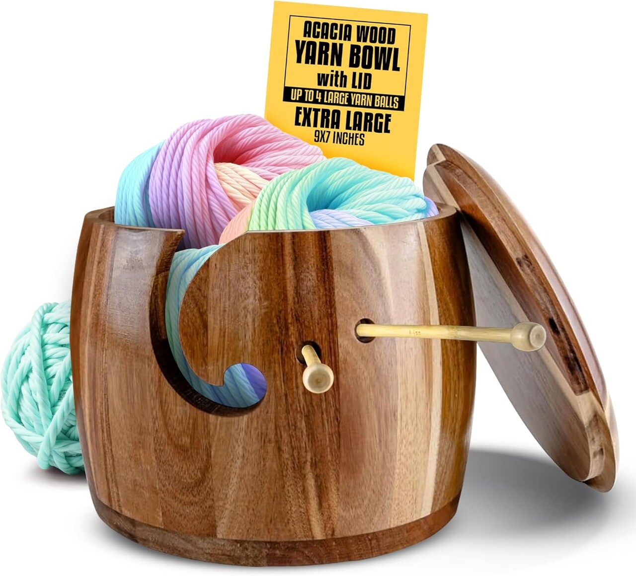 Large Wooden Yarn Bowl with Lid - 9x7 Inch XL Acacia Wood Holder for Knitting